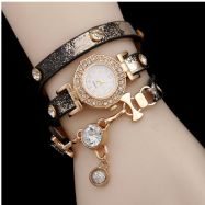 Ladies Gold  Multilayer Cubic zirconia Leather Bracelet Wrist Watch Black